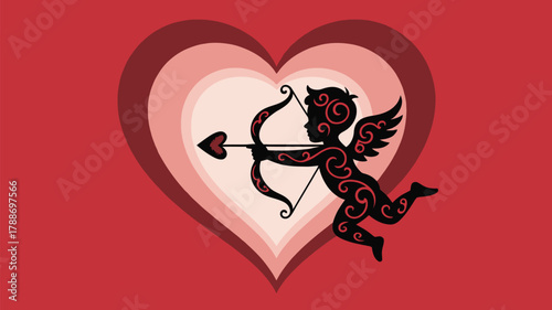 Whimsical cupid silhouette aims heart arrow against layered pink and red heart background, perfect for Valentine's Day promotions and romantic designs.