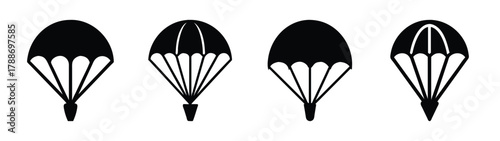 Parachute vector design set, skydiving equipment, safety gear, emergency, black and white art
