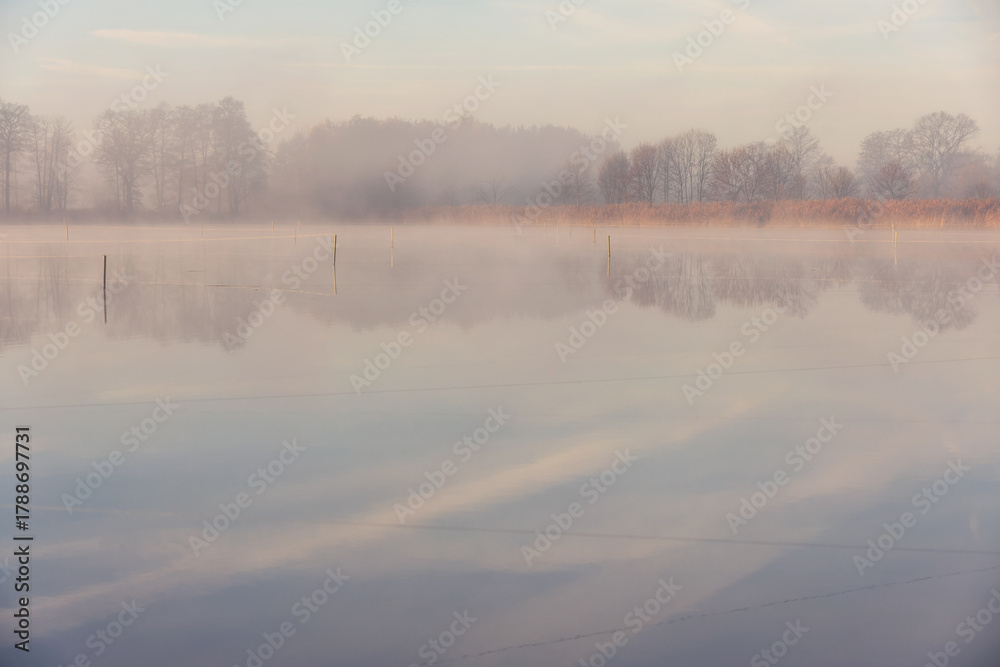Fototapeta premium Misty Morning on the Lake with Distant Trees, Poland, Background or Wallpaper