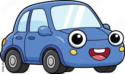 Cute blue cartoon car with big eyes, smiling kids vehicle illustration, funny animated automobile design, playful transportation concept artwork