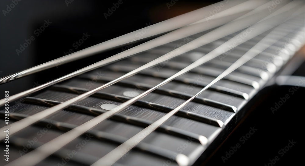Fototapeta premium Close-up of a Bass Guitar Fretboard with Strings for Music Enthusiasts & Musicians
