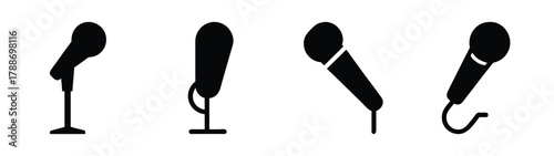 Find black microphone silhouette vector art design elements for audio recording and podcasting studio setup