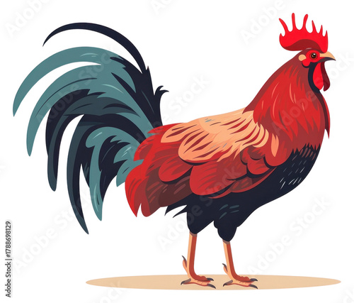 red rooster standing, colorful feathers clip art preview