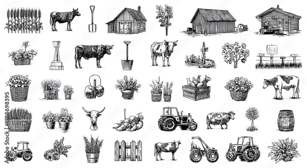 Obraz premium Hand drawn agriculture and farming elements collection.