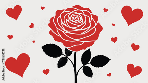 Stunning red rose surrounded by floating hearts creating a romantic and celebratory atmosphere perfect for Valentine's Day or love-themed designs