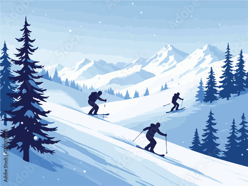 Behang Skiers descending snowy mountain slopes in winter landscape with pine trees and