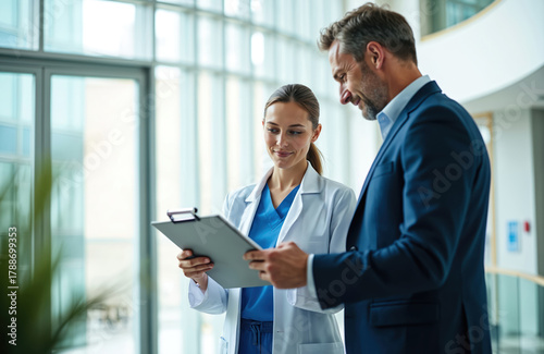 Woman doctor shows clipboard to man in suit. Healthcare worker and businessman talk about report at clinic. Medical staff consult with client at hospital office. They collaborate.