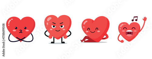 Cute cartoon hearts expressing various emotions with playful faces