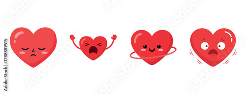 Set of cartoon hearts displaying sad, angry, happy, and anxious emotions