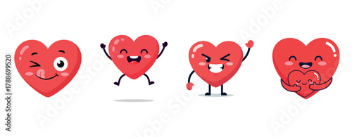 Cheerful red cartoon hearts with expressive faces and characters