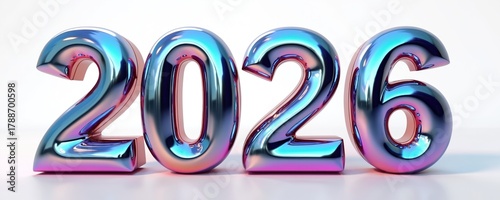 Holographic chrome numbers 2026 float above white surface. Metallic digits reflect blue pink purple colors. Festive New Year celebration graphic element. Futuristic design for holiday event.