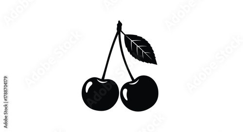 Cherry fruit silhouette with stem and leaf icon on white background
