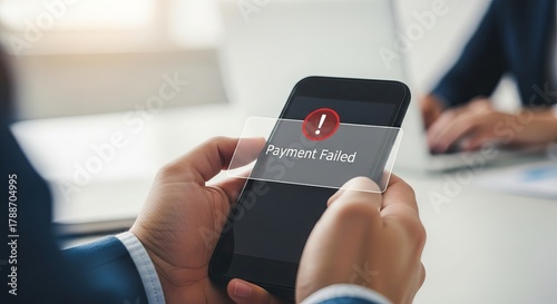 Wallpaper Mural A frustrated man holds a smartphone displaying a 'Payment Failed' alert in a modern office setting. Torontodigital.ca