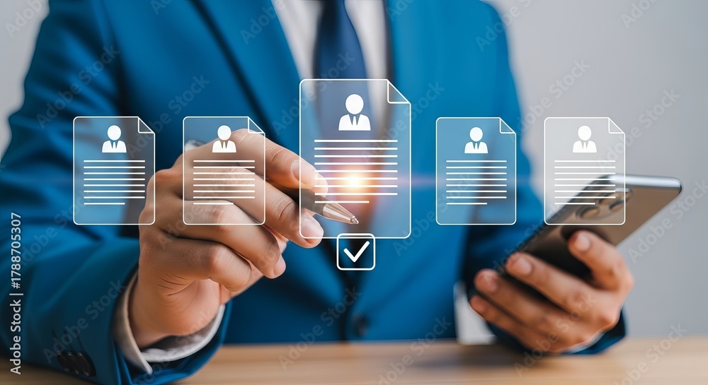 custom made wallpaper toronto digitalA businessman in a blue suit reviews digital documents, symbolizing modern hiring processes and career advancement.