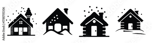Winter houses vector illustration, christmas holiday scene, snow covered houses, vector design element