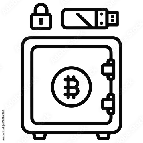 Bitcoin safe with lock and usb drive, representing secure storage of cryptocurrency and digital valuables