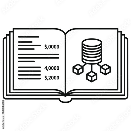 Open book with financial data and a database icon connected to cubes, symbolizing data management or financial records