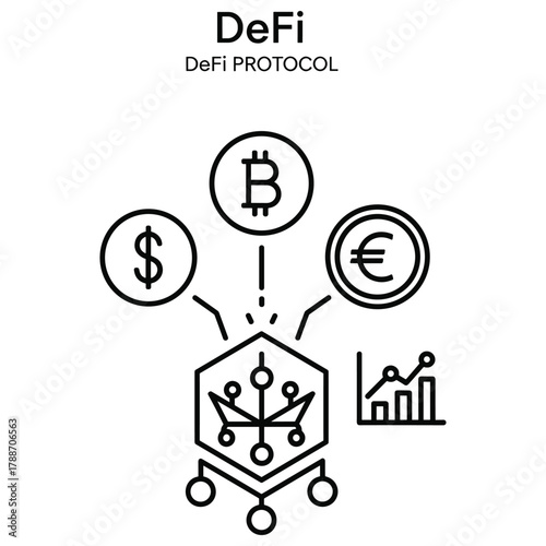 Defi protocol with cryptocurrency and stock chart icons