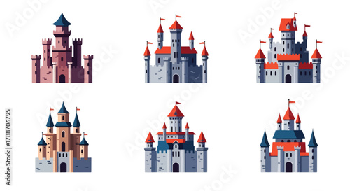 Set of vector art of castles in different architectural styles, ideal for children’s books, fairytale design, educational materials, or game illustrations