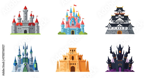 Set of vector art of castles in different architectural styles, ideal for children’s books, fairytale design, educational materials, or game illustrations