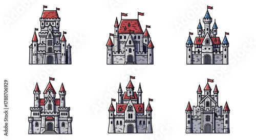 Set of vector art of castles in different architectural styles, ideal for children’s books, fairytale design, educational materials, or game illustrations