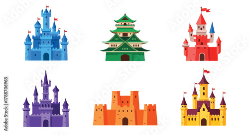 Set of vector art of castles in different architectural styles, ideal for children’s books, fairytale design, educational materials, or game illustrations