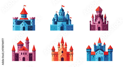 Set of vector art of castles in different architectural styles, ideal for children’s books, fairytale design, educational materials, or game illustrations