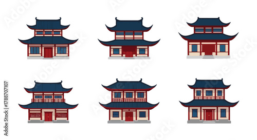 Vector art of traditional Chinese Asian temples with pagoda-style roofs and red lanterns, perfect for cultural design, travel themes, architecture projects, or educational illustrations