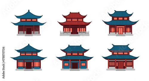 Vector art of traditional Chinese Asian temples with pagoda-style roofs and red lanterns, perfect for cultural design, travel themes, architecture projects, or educational illustrations