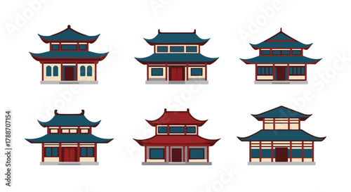 Vector art of traditional Chinese Asian temples with pagoda-style roofs and red lanterns, perfect for cultural design, travel themes, architecture projects, or educational illustrations
