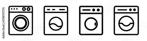 Washing machine appliance laundry cleaner clothes washer vector illustration set design icon symbol