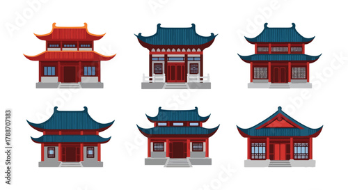 Vector art of traditional Chinese Asian temples with pagoda-style roofs and red lanterns, perfect for cultural design, travel themes, architecture projects, or educational illustrations