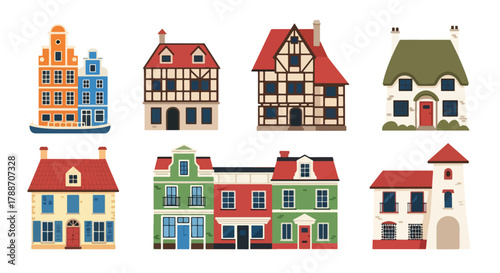 Set of vector illustrations of traditional European houses with diverse architectural styles, perfect for travel design, real estate concepts, educational materials, and cultural projects
