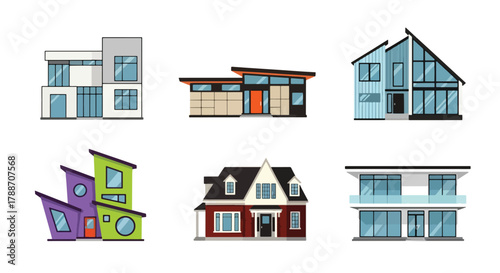 Set of vector illustrations of modern contemporary houses with geometric designs and large windows, perfect for real estate, architecture, construction, and home design projects