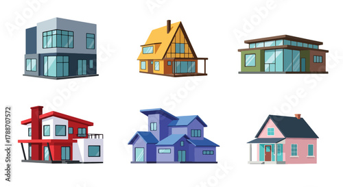 Set of vector illustrations of modern contemporary houses with geometric designs and large windows, perfect for real estate, architecture, construction, and home design projects