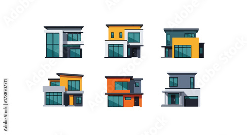 Set of vector illustrations of modern contemporary houses with geometric designs and large windows, perfect for real estate, architecture, construction, and home design projects