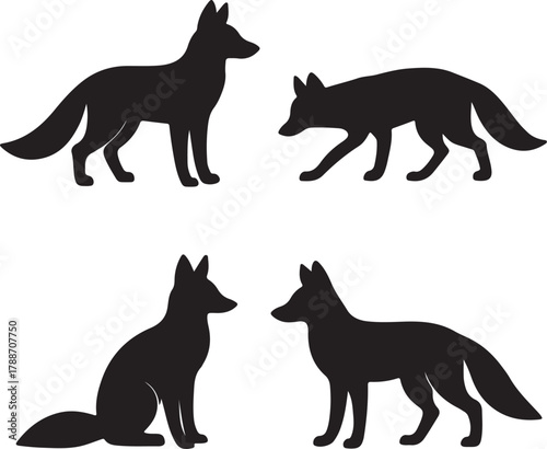 Four Black Silhouettes of Foxes in Different Poses on a White Background Keywords: fox, canine, silhouette, black, white background, isolated, animal, wildlife, nature, on transparent background