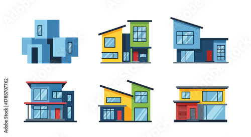 Set of vector illustrations of modern contemporary houses with geometric designs and large windows, perfect for real estate, architecture, construction, and home design projects