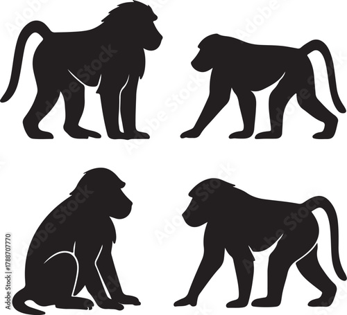 Four Black Silhouettes of Baboons in Various Poses on a White Background Keywords: baboon, monkey, primate, silhouette, black, white background, isolated, animal, wildlife, on transparent background
