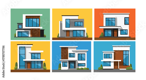 Set of vector illustrations of modern contemporary houses with geometric designs and large windows, perfect for real estate, architecture, construction, and home design projects