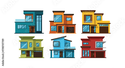 Set of vector illustrations of modern contemporary houses with geometric designs and large windows, perfect for real estate, architecture, construction, and home design projects