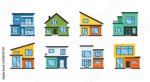Set of vector illustrations of modern contemporary houses with geometric designs and large windows, perfect for real estate, architecture, construction, and home design projects