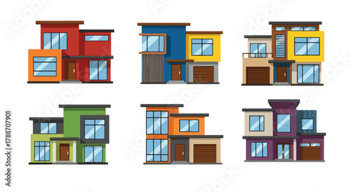 Set of vector illustrations of modern contemporary houses with geometric designs and large windows, perfect for real estate, architecture, construction, and home design projects