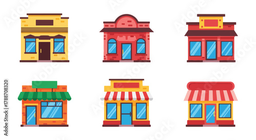 Set of vector illustrations of small storefront buildings with awnings and display windows, perfect for business design, retail branding, marketing materials, or urban development projects