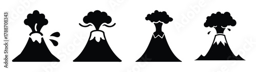 Volcano eruption vector graphic set, black and white volcano illustration, geological activity icons
