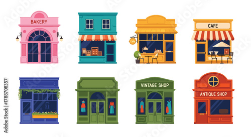 Set of vector illustrations of small storefront buildings with awnings and display windows, perfect for business design, retail branding, marketing materials, or urban development projects