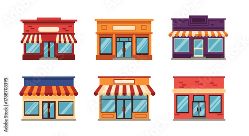 Set of vector illustrations of small storefront buildings with awnings and display windows, perfect for business design, retail branding, marketing materials, or urban development projects
