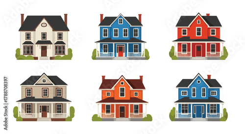 Set of vector illustrations of classic American houses in various architectural styles, ideal for real estate design, home construction, neighborhood planning, and property marketing projects