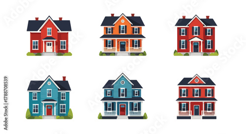Set of vector illustrations of classic American houses in various architectural styles, ideal for real estate design, home construction, neighborhood planning, and property marketing projects