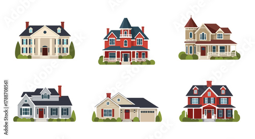 Set of vector illustrations of classic American houses in various architectural styles, ideal for real estate design, home construction, neighborhood planning, and property marketing projects